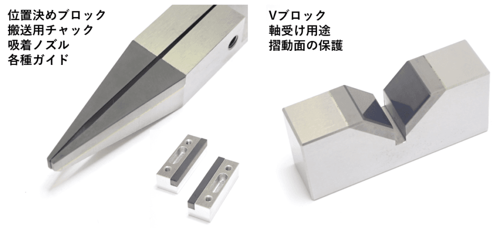 位置決めブロック、搬送用チャック、吸着ノズル、各種ガイド、Vブロック、軸受け用途、摺動面の保護
